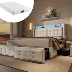 Lit double capitonné 140x200 cm avec 4 Tiroirs de Rangement, Éclairage LED et Ports USB-C, Bois et Métal, Beige, Matelas Inclus