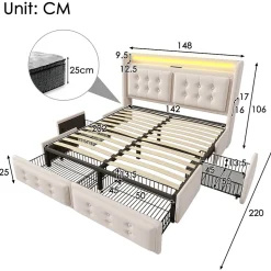 Lit double capitonné 140x200 cm avec 4 Tiroirs de Rangement, Éclairage LED et Ports USB-C, Bois et Métal, Beige, Matelas Inclus