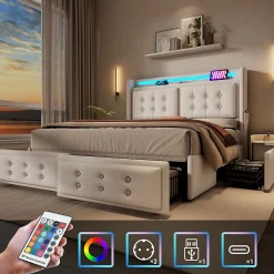 Lit double capitonné 140x200 cm avec 4 Tiroirs de Rangement, Éclairage LED et Ports USB-C, Bois et Métal, Beige, Matelas Inclus
