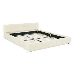 Lit Double Capitonné 140x200 cm, Tête de Lit, Structure Bois d'Eucalyptus Métal, Chenille Doux, Beige, Sans Matelas