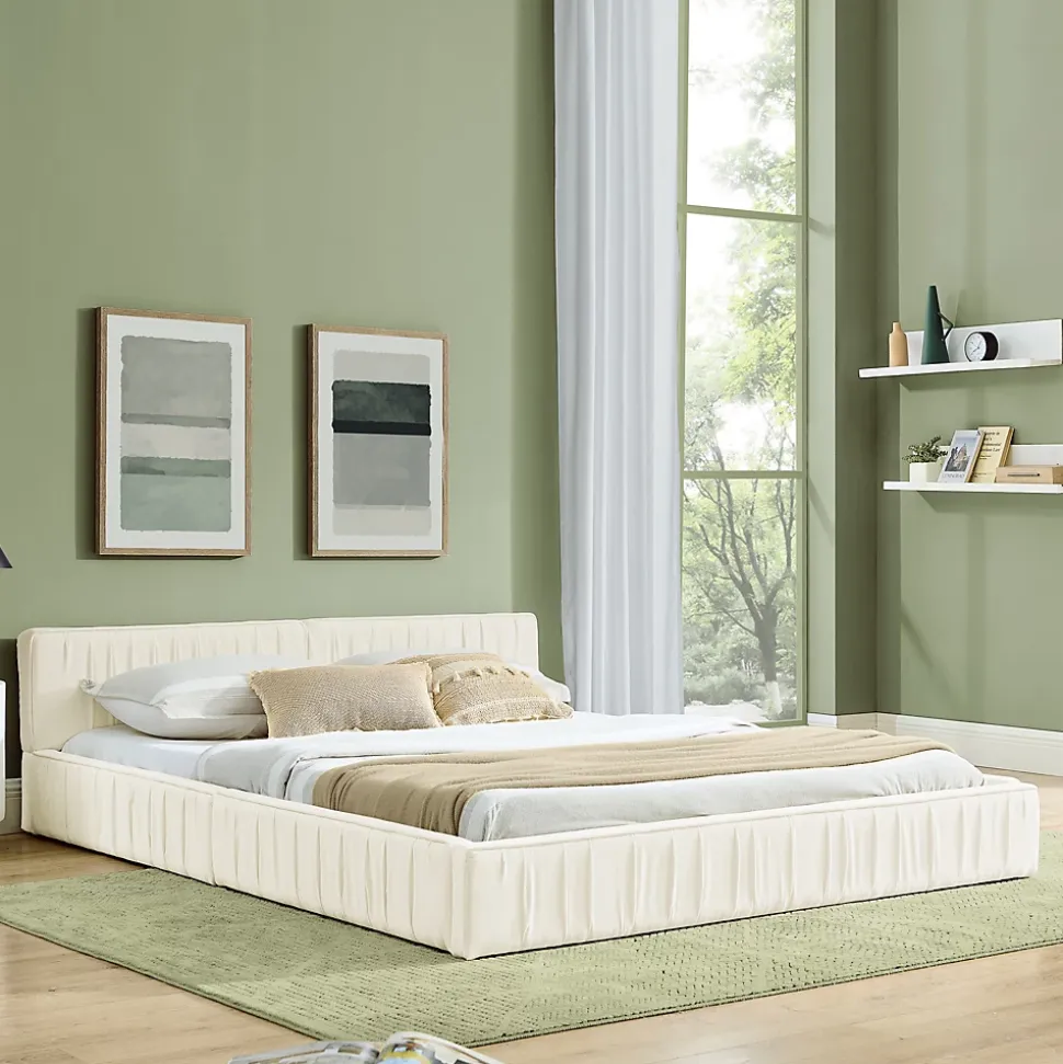 Lit Double Capitonné 140x200 cm, Tête de Lit, Structure Bois d'Eucalyptus Métal, Chenille Doux, Beige, Sans Matelas