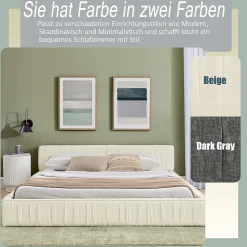 Lit Double Capitonné 140x200 cm, Tête de Lit, Structure Bois d'Eucalyptus Métal, Chenille Doux, Beige, Sans Matelas