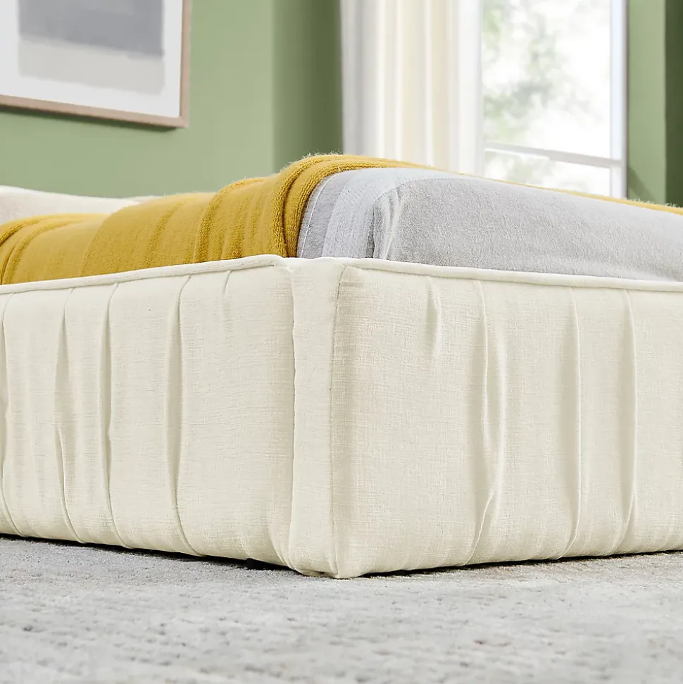 Lit Double Capitonné 140x200 cm, Tête de Lit, Structure Bois d'Eucalyptus Métal, Chenille Doux, Beige, Sans Matelas