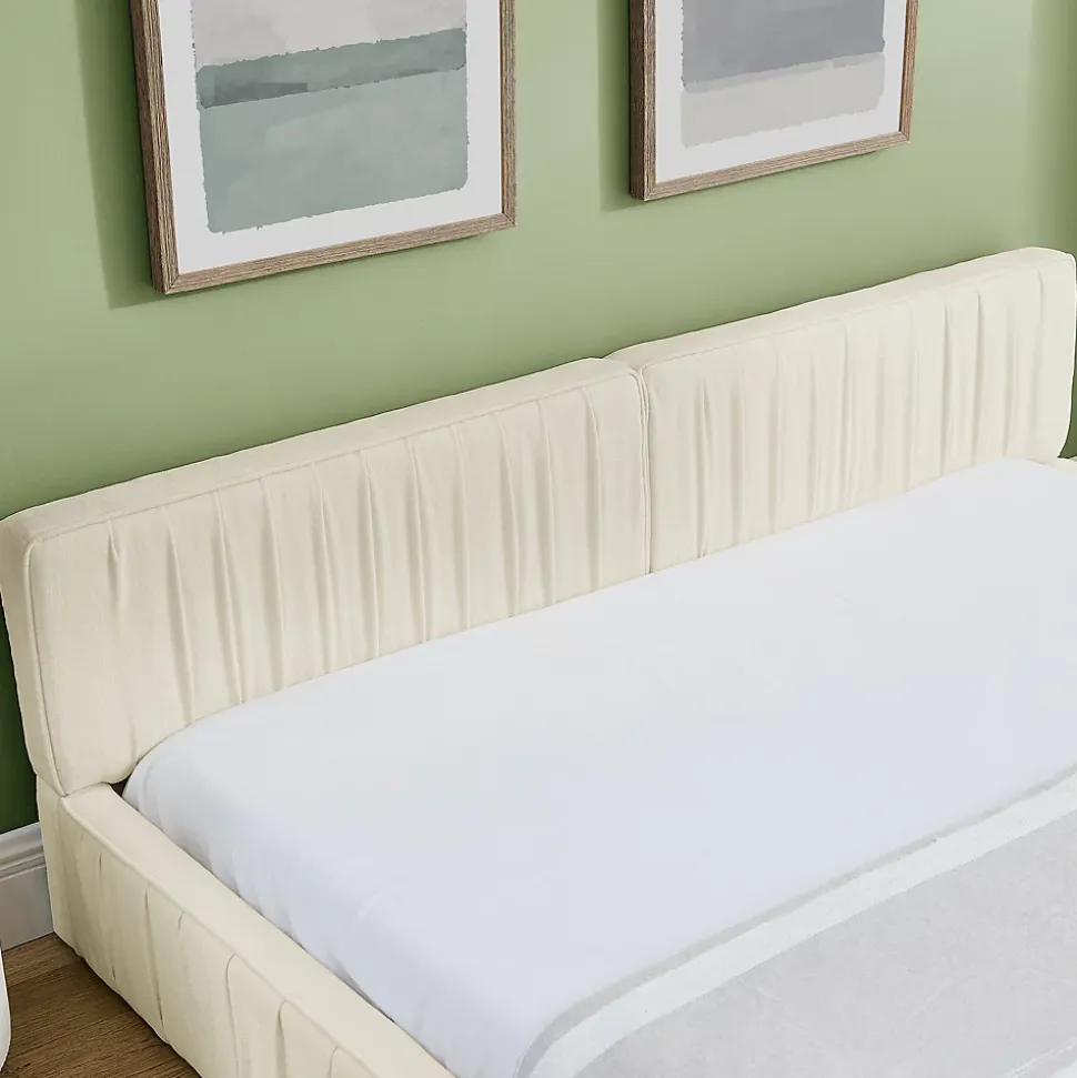 Lit Double Capitonné 140x200 cm, Tête de Lit, Structure Bois d'Eucalyptus Métal, Chenille Doux, Beige, Sans Matelas