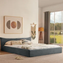 Lit Double Capitonné 160x200 cm, Chenille Doux, Tête de Lit Élégante, Cadre Bois Métal Solide, Gris Foncé, Sans Matelas