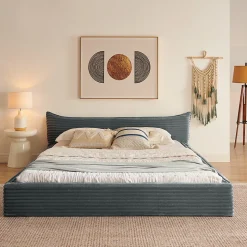 Lit Double Capitonné 160x200 cm, Chenille Doux, Tête de Lit Élégante, Cadre Bois Métal Solide, Gris Foncé, Sans Matelas