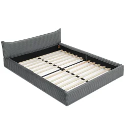 Lit Double Capitonné 160x200 cm, Chenille Doux, Tête de Lit Élégante, Cadre Bois Métal Solide, Gris Foncé, Sans Matelas