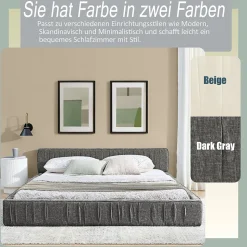 Lit Double Capitonné 140x200 cm, Tête de Lit, Structure Bois d'Eucalyptus Métal, Chenille Doux, Gris Foncé, Sans Matelas