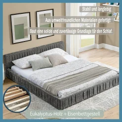 Lit Double Capitonné 140x200 cm, Tête de Lit, Structure Bois d'Eucalyptus Métal, Chenille Doux, Gris Foncé, Sans Matelas