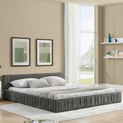 Lit Double Capitonné 140x200 cm, Tête de Lit, Structure Bois d'Eucalyptus Métal, Chenille Doux, Gris Foncé, Sans Matelas