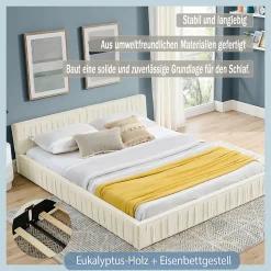 Lit Double Capitonné 160x200 cm, Tête de Lit, Structure Bois d'Eucalyptus Métal, Chenille Doux, Beige, Sans Matelas