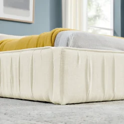 Lit Double Capitonné 160x200 cm, Tête de Lit, Structure Bois d'Eucalyptus Métal, Chenille Doux, Beige, Sans Matelas