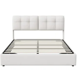 Lit double capitonné 140x200 cm,éclairage LED, ports et prises USB, sommier à lattes, linge, lit queen,Beige