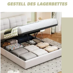 Lit double capitonné 140x200 cm,éclairage LED, ports et prises USB, sommier à lattes, linge, lit queen,Beige