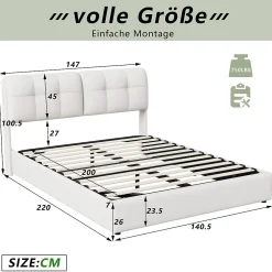 Lit double capitonné 140x200 cm,éclairage LED, ports et prises USB, sommier à lattes, linge, lit queen,Beige