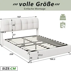 Lit double capitonné 140x200 cm,éclairage LED, ports et prises USB, sommier à lattes, linge, lit queen,Beige