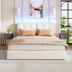 Lit double capitonné 140x200 cm,éclairage LED, ports et prises USB, sommier à lattes, linge, lit queen,Beige