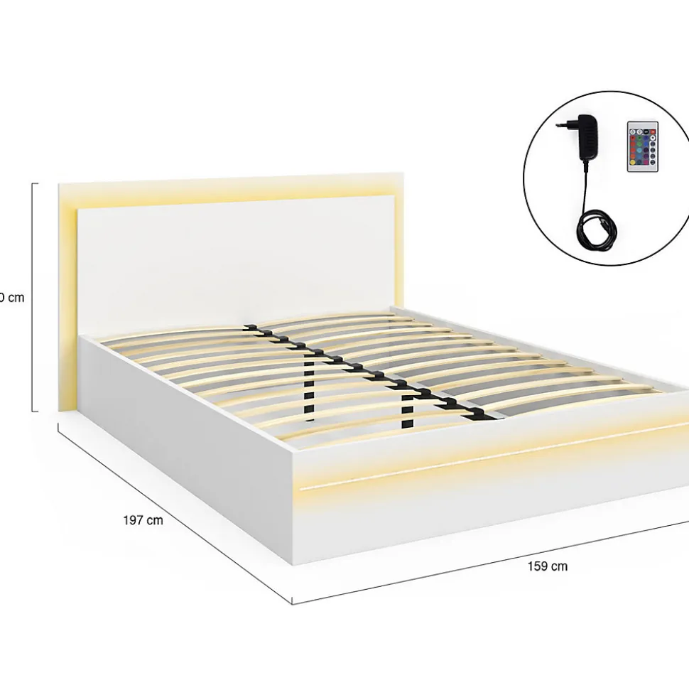 Lit double CHARLIE 140 x 190 cm avec sommier et LED intégrées blanc