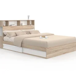 Lit double CLEM avec rangements + tête de lit et sommier 160 x 200 cm hêtre et blanc