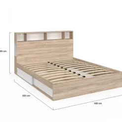 Lit double CLEM avec rangements + tête de lit et sommier 160 x 200 cm hêtre et blanc