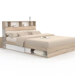 Lit double CLEM avec rangements + tête de lit et sommier 160 x 200 cm hêtre et blanc