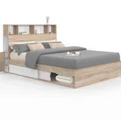 Lit double CLEM avec rangements + tête de lit et sommier 140 x 190 cm hêtre et blanc