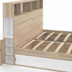 Lit double CLEM avec rangements + tête de lit et sommier 140 x 190 cm hêtre et blanc