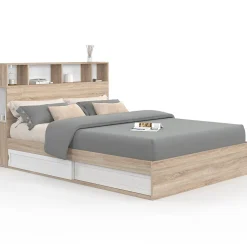 Lit double CLEM avec rangements + tête de lit et sommier 140 x 190 cm hêtre et blanc