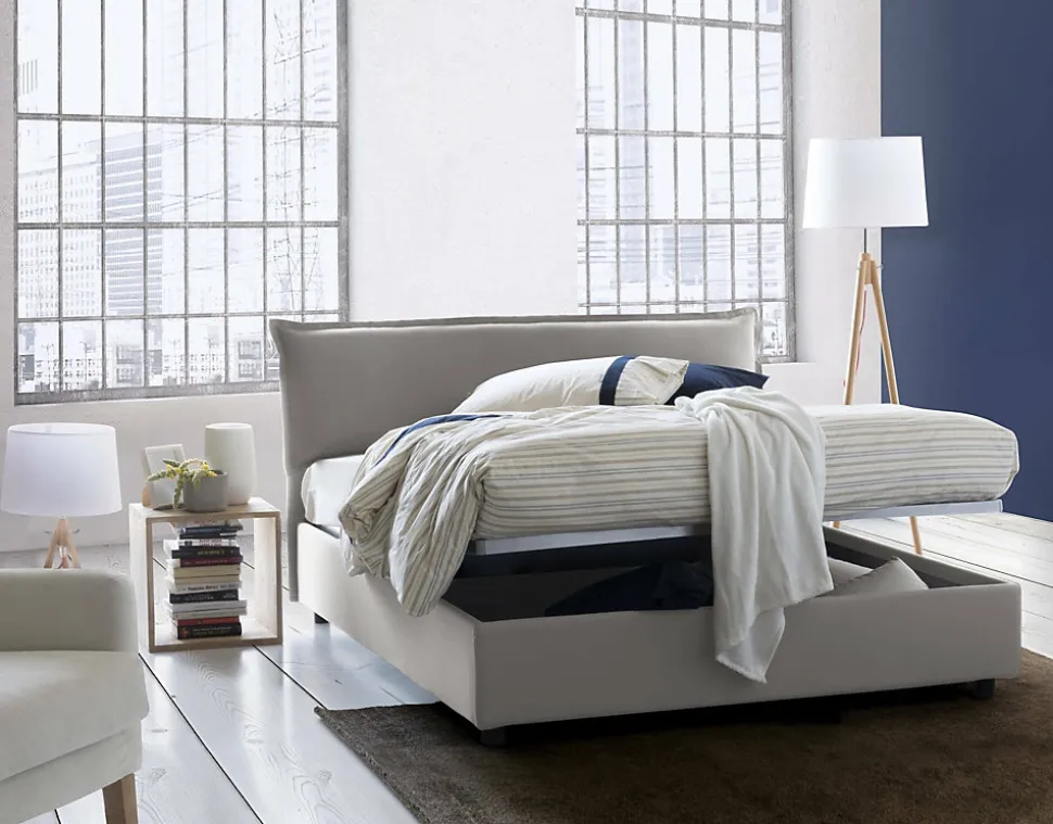 Lit double Clio, Lit coffre déhoussable avec tête de lit rembourrée et cadre de lit coffre, adapté pour matelas 160x190 cm, Gris