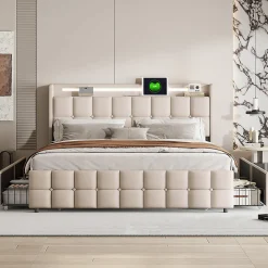 Lit Double Coffre 160x200cm Avec Éclairage LED Et 4 Tiroirs, Rechargeable, Avec Tête De Lit,beige