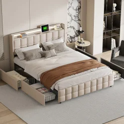 Lit Double Coffre 160x200cm Avec Éclairage LED Et 4 Tiroirs, Rechargeable, Avec Tête De Lit,beige