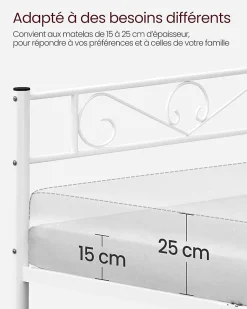Lit Double Convient pour Matelas de 140 x 190 cm Blanc Métal Montage Facile + Espace Rangement Chambre