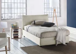 Lit double Daalt, Lit coffre avec revêtement en tissu, Ouverture frontale, avec matelas 120x200 cm inclus, Beige