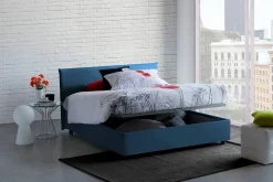 Lit double Dangel, Lit coffre avec revêtement en tissu, Ouverture frontale, adapté pour matelas 160x200 cm, Bleu