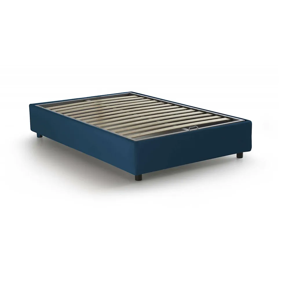 Lit double Daronic, Lit coffre avec revêtement en tissu, Ouverture latérale, adapté pour matelas 120x190 cm, Bleu