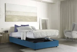 Lit double Dbamb, Lit coffre avec revêtement en tissu, Ouverture frontale, avec matelas 120x190 cm inclus, Bleu