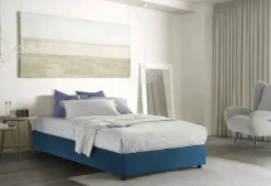 Lit double Dbamb, Lit coffre avec revêtement en tissu, Ouverture frontale, avec matelas 120x190 cm inclus, Bleu