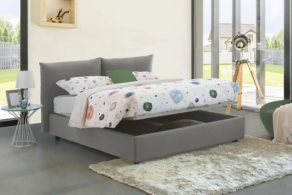 Lit double Dbrunor, Lit coffre avec revêtement en tissu, Ouverture frontale, avec matelas 160x200 cm inclus, Gris