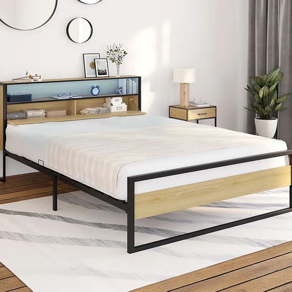 Lit double DETROIT LED intégrés dans la tête de lit et sommier 140 x 190 cm effet bois et métal noir design industriel