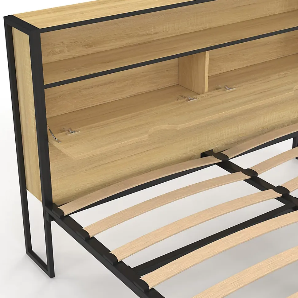 Lit double DETROIT LED intégrés dans la tête de lit et sommier 140 x 190 cm effet bois et métal noir design industriel