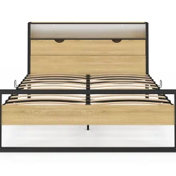 Lit double DETROIT LED intégrés dans la tête de lit et sommier 140 x 190 cm effet bois et métal noir design industriel