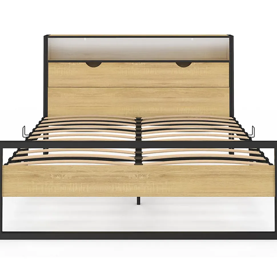 Lit double DETROIT LED intégrés dans la tête de lit et sommier 140 x 190 cm effet bois et métal noir design industriel