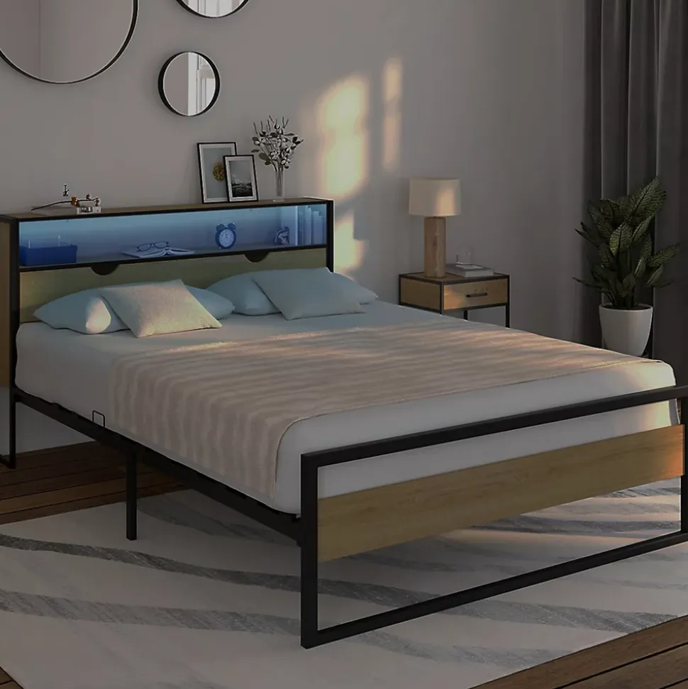 Lit double DETROIT LED intégrés dans la tête de lit et sommier 140 x 190 cm effet bois et métal noir design industriel