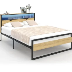 Lit double DETROIT LED intégrés dans la tête de lit et sommier 140 x 190 cm effet bois et métal noir design industriel