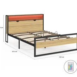 Lit double DETROIT LED intégrés dans la tête de lit et sommier 140 x 190 cm effet bois et métal noir design industriel