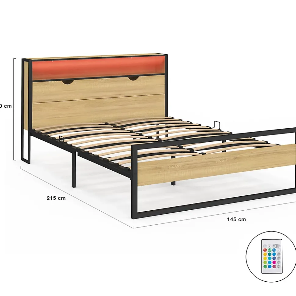 Lit double DETROIT LED intégrés dans la tête de lit et sommier 140 x 190 cm effet bois et métal noir design industriel