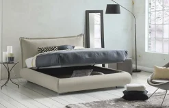 Lit double Dfecci, Lit coffre avec revêtement et tête de lit en tissu, Ouverture frontale, adapté pour matelas 160x190 cm, Beige