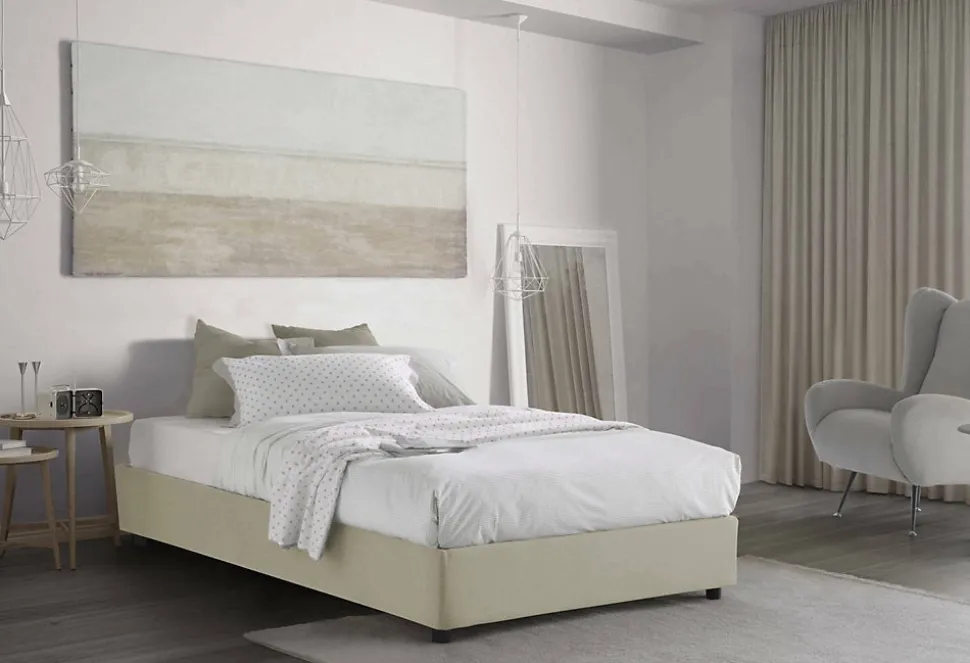 Lit double Dmalizi, Lit coffre avec revêtement en tissu, Ouverture frontale, avec matelas 120x200 cm inclus, Beige