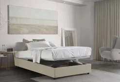 Lit double Dmalizi, Lit coffre avec revêtement en tissu, Ouverture frontale, avec matelas 120x200 cm inclus, Beige