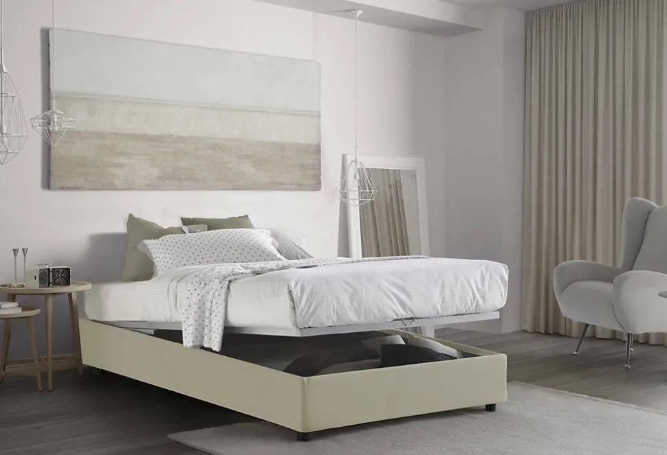 Lit double Dmalizi, Lit coffre avec revêtement en tissu, Ouverture frontale, avec matelas 120x200 cm inclus, Beige